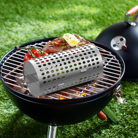 Image of KEESHA BBQ Roller Grill Basket Vegetables & Fish Grill Basket - BBQ Grill Cooking Accessories for Outdoor Grill for Smokers / Pellet Grills / Charcoal Grills / Gas Grills - Perfect Grilling Gifts for Men, Stainless Steel