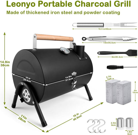 Image of Leonyo Portable Charcoal Grill Set of 12, Small BBQ Grill, Mini Tabletop Charcoal Grill with Barbecue Fork, Tongs, Compact Camping Grills for Outdoor RV Traveling Picnic, Patio, Backyard, Beach