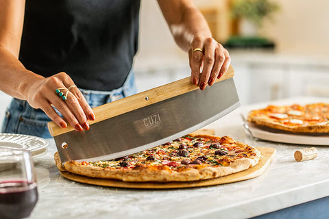 Image of 4-Piece Large Pizza Stone Set - 13" Thermal Shock Resistant Cordierite Pizza Stone with Handle Rack, 19" Natural Bamboo Pizza Peel & Pizza Cutter - Large Baking Stone for Grill and Oven