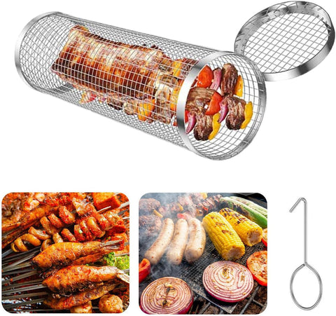 Image of Rolling Grilling Basket,Rolling Grilling Baskets for Outdoor Grilling,Stainless Steel Grill Mesh Barbeque Grill Accessories,Grill Baskets for Outdoor Grill,Bbq Grill Basket for Veggies 11.8In