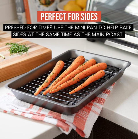 Image of Chef Pomodoro Nonstick Carbon Steel Small Roasting Pan with Rack, Roasting Pan for Countertop Oven Baking, Single Serving, Grey (Mini)