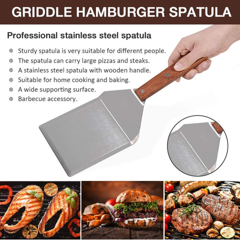 Image of Stainless Steel Griddle Hamburger Spatula with Strong Wooden Handle, 13.5 X 5 Inches, Heavy Duty Spatula Turner with a Hook, Great for Pancake Flipper, Fish, Eggs, Burgers, Omelet and More