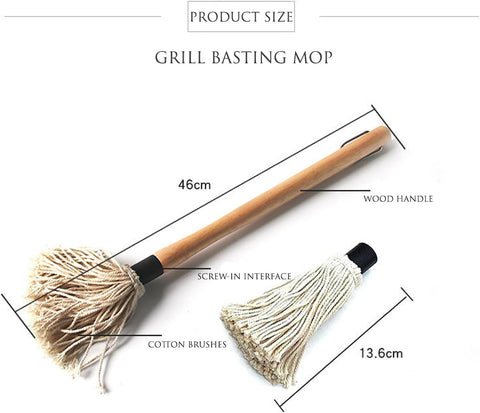 Image of 3 Pack 18 Inch Grill Basting Mop Wooden Long Handle with 3 Extra Replacement Heads and 2 Pack Silicone Basting Pastry Brushes for BBQ Grilling Smoking Steak