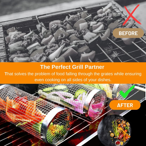 Image of Grill Master'S 2PCS, BBQ Rolling Grilling Basket | round Portable Stainless Steel Veggie Grill Basket Tube for Outdoor Cooking | Perfect for Vegetables, French Fries, and Fish - LARGE (2-PCS))