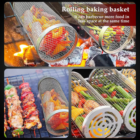Image of Rolling Grilling Baskets for Outdoor Grilling, BBQ Grill Basket Cylinder with Two Forks and Two Hooks, round Stainless Steel Grill Basket for Outdoor Grill for Fish, Shrimp, Meat, Vegetables（2Pcs）