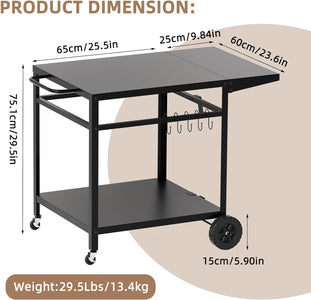 Outdoor Grill Cart Table with Wheels,Double Shelf Outdoor Dining Cart with Foldable Side Table,5 Hooks,Stainless Steel Pizza Oven Trolley BBQ Stand Kitchen Food Prep Worktable,Grill Table