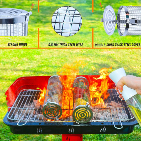 Image of Rolling Grilling Baskets for Outdoor Grilling Basket Cylinder with Bbq Grill Tong (XL 7 PCS Set) Veggies- Grill Baskets for Outdoor Grill Bbq Accessories (XL Size with Grill Tongs)