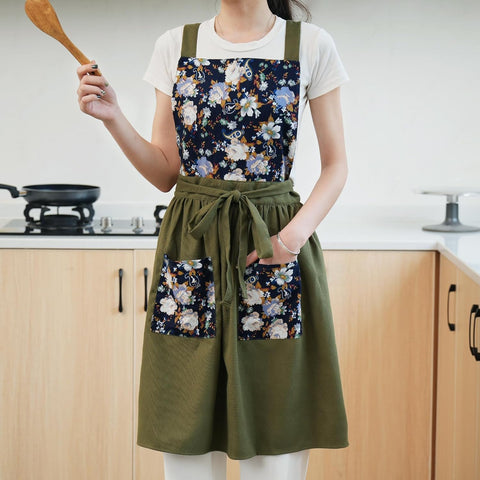 Image of Vintage Pinafore Apron Dress for Women with Pockets Cute Floral Chef Aprons for Kitchen Cooking Baking Gardening