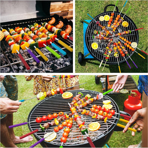 Grill Skewers with Silicone Handle, 16" Long Kebab Skewers, 5 Pack Stainless Steel Skewer Sticks for Kabob, Reusable Flat Metal Skewers for Grilling BBQ Barbecue, Storage Bag Included