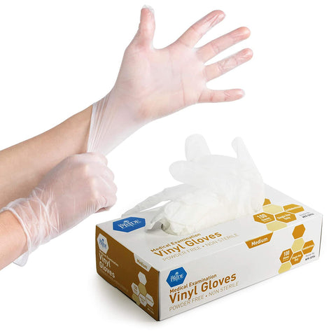 Image of Medical Vinyl Examination Gloves (Medium, 100-Count) Latex Free Rubber | Disposable, Ultra-Strong, Clear | Fluid, Blood, Exam, Healthcare, Food Handling Use | No Powder