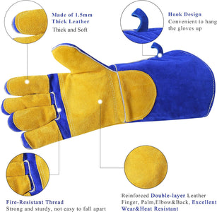 Welding Gloves Blue 16 Inches,932℉, Leather Forge/Mig/Stick Welding Gloves Heat/Fire Resistant, Mitts for Oven/Grill/Fireplace/Furnace/Stove/Pot Holder/Bbq/Animal Handling