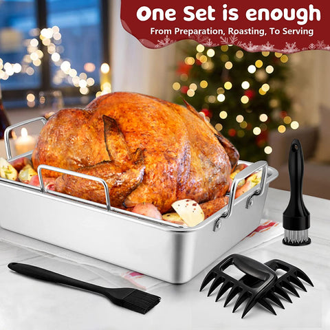 Image of 15.3’’ Roasting Pan with Racks, Joyfair 7 Pcs Stainless Steel Large Turkey Roaster Pan with Handle, Cooling Flat Rack/V-Rack, Meat Tenderizer/Claws and Brush, Heavy Duty & Multi-Use, Dishwasher Safe