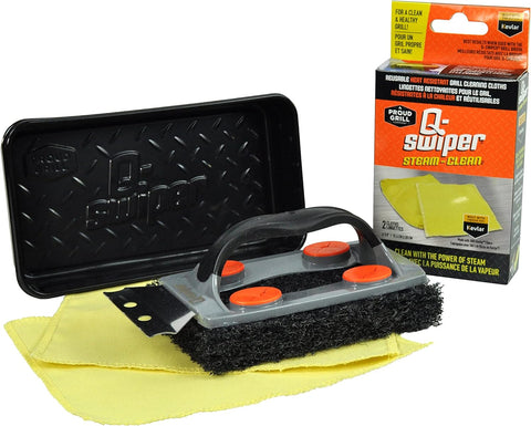 Image of Q-Swiper Steam Clean BBQ Grill Cleaner Set - 1 Grill Brush with Scraper, 2 Heat Resistant Kevlar® Cloths, 1 Tray | Bristle Free | Safe Way to Steam Away Grill Grease & Grime