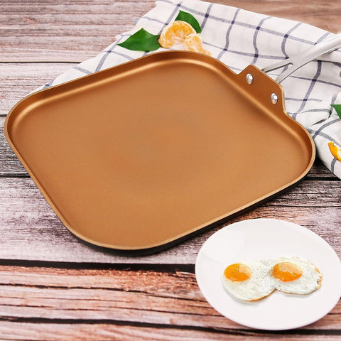 Image of 11 Inch Copper Grill Pan Non-Stick Square Griddle Pan with Stainless Steel Handle Dishwasher Safe Oven Safe Suitable for Gas Cooke
