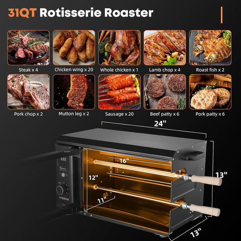 Image of Portable Electric Grill Roaster, Smoke-Free Grill Roaster with 2 Auto Rotating Skewers for Brazilian BBQ, Rotisserie Chicken, Steak, Fish, Modern Electric Grill for Party, Apartment, Courtyard