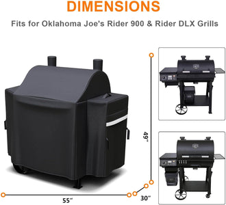 Grill Cover for Oklahoma Joe'S Rider 900 & Rider DLX Grills, Anti-Fade Waterproof Charcoal Offset Smoker Cover, Strap for Fix, Fabric Handle for Easy Put on and Take Off, 600D Material, Black