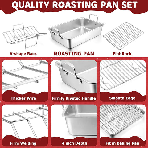 Image of 15.3’’ Roasting Pan with Racks, Joyfair 7 Pcs Stainless Steel Large Turkey Roaster Pan with Handle, Cooling Flat Rack/V-Rack, Meat Tenderizer/Claws and Brush, Heavy Duty & Multi-Use, Dishwasher Safe