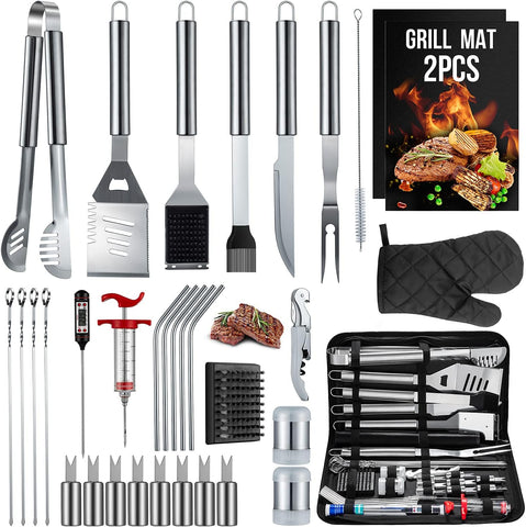 Image of 34PCS BBQ Grill Tools Set Stainless Steel Grilling Accessories with Spatula, Tongs, Skewers for Barbecue, Camping, Kitchen, Complete Premium Grill Utensils Set in Storage Bag, Silver, (BTS-34)