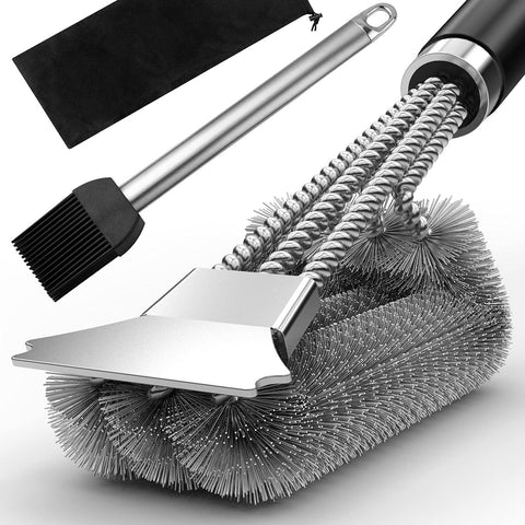 Image of Grill Brush with Extra Strong Long Handle BBQ Cleaner Accessories - Safe Wire BBQ Brush, Triple Barbecue Scrubber Cleaning Brush for Gas/Charcoal Grilling Grates