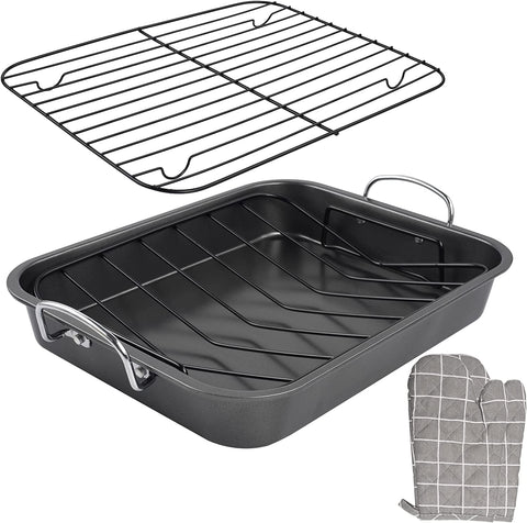 Image of Kitcom Nonstick Roasting Pan with Rack, 16 Inch X 11.5 Inch Rectangular Roaster Set for Roasting Turkey, Chicken, Meat and Veggies, Gray