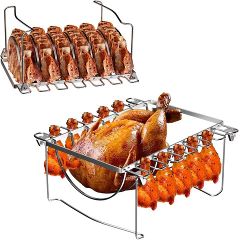 Image of Chicken Leg Holder, Rib Rack, Turkey Rack for Grilling, Foldable Chicken Drumstick Holder for Grills, 3-In-1 Meat Smoker Accessories for Traeger Rib Rack, Pitboss Pellet Smoker, Oven, Stainless Steel