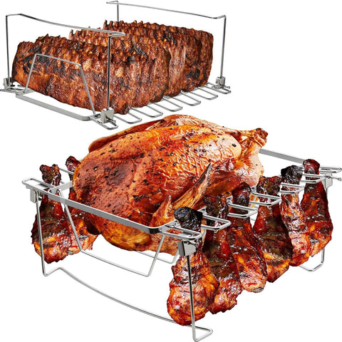Image of COALFUN Stainless Rib and Turkey Roasting Rack, Foldable Rib Rack for Grill, Turkey Rack for Roasting Pan - Holds 1 Chicken, 6 Large Ribs, and 12 Chicken Leg/Wing - Easy to Use, Smoker Accessories