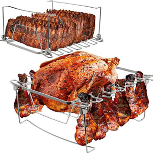 COALFUN Stainless Rib and Turkey Roasting Rack, Foldable Rib Rack for Grill, Turkey Rack for Roasting Pan - Holds 1 Chicken, 6 Large Ribs, and 12 Chicken Leg/Wing - Easy to Use, Smoker Accessories