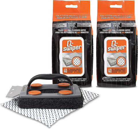 Image of Q-Swiper BBQ Grill Cleaner Set - 1 Grill Brush with Scraper and 80 BBQ Grill Cleaning Wipes | No Bristles & Wire Free | Safe Way to Remove Grease and Grime for a Clean and Healthy Grill!