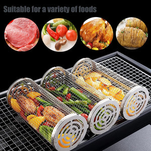 2 Pack New-Upgrade Rolling Grilling Basket, 304 Stainless Steel round BBQ Grill Basket Camping Barbecue Rack, Camping Picnic Cookware Rolling Grilling Baskets for Vegetables Meat Fish Outdoor Grilling