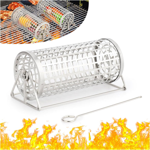 Image of Rolling Grilling Basket, BBQ Grill Basket, Rolling Grilling Baskets for Outdoor Grilling，Perfect for Vegetables, Fruit, Fries, Multifunctional round Barbecue Cooking Accessory. (1PCS)