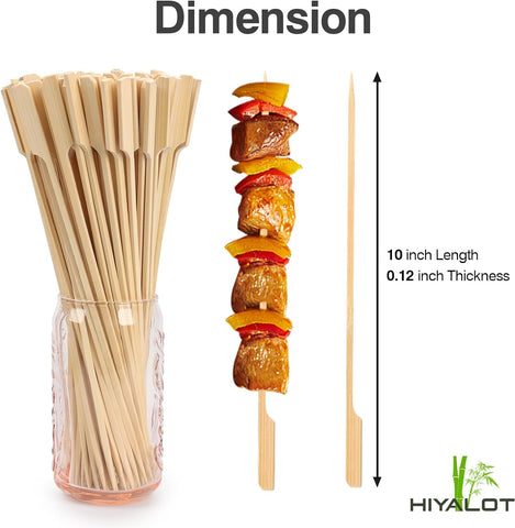 Image of 10-Inch Skewer for BBQ Kebab, Unbleached Long Bamboo/Wood Roasting Sticks for Grill -Heavy Duty Thickness -Flat Stick Flag Handle -With Dust-Free Packaging (100-Pack)