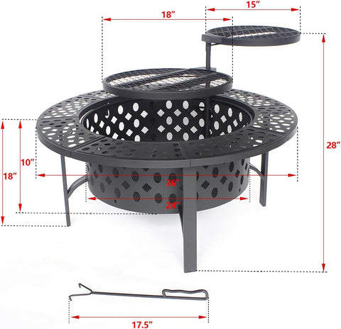 Image of Outvue 36 Inch Fire Pit with 2 Grills, Wood Burning Fire Pits for outside with Lid, Poker and round Waterproof Cover, BBQ& Outdoor Firepit & round Metal Table 3 in 1 for Patio, Picnic, Party (36 Inch)