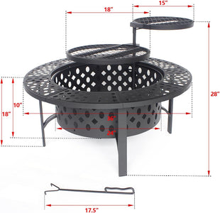 Outvue 36 Inch Fire Pit with 2 Grills, Wood Burning Fire Pits for outside with Lid, Poker and round Waterproof Cover, BBQ& Outdoor Firepit & round Metal Table 3 in 1 for Patio, Picnic, Party (36 Inch)