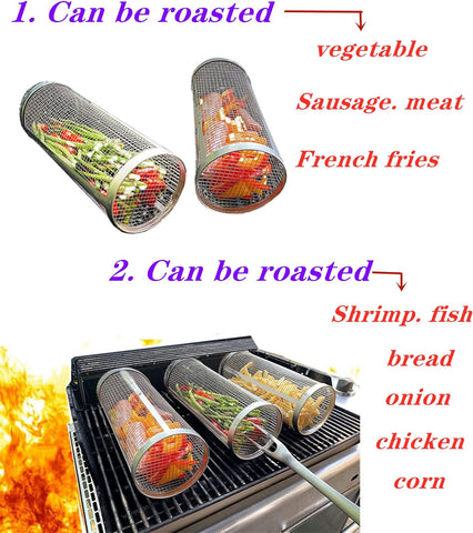 Image of Ruggedized Rolling Grilling Basket-Round Stainless Steel BBQ Grill Mesh-Outdoor Portable Grill Baskets-Cylindrical Grilling Baskets Cylinders Cylinders-Net Tube Barbecue Cage Picnic Grate Dragon（2Pcs)