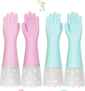Reusable Rubber Gloves for Dishwashing Cleaning, Non-Slip Cotton Lining Washing Glove Kitchen Waterproof Household Gloves