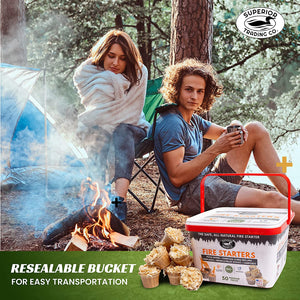 Superior Trading Fire Starter Pods in Plastic Bucket - Fire Starters for Campfires, BBQ, Grill, Pit, Wood Stove & Charcoal Starter, 15-20-Min Burn, 50 Extra Large Pods, USA Made, Brown, 3 Lbs