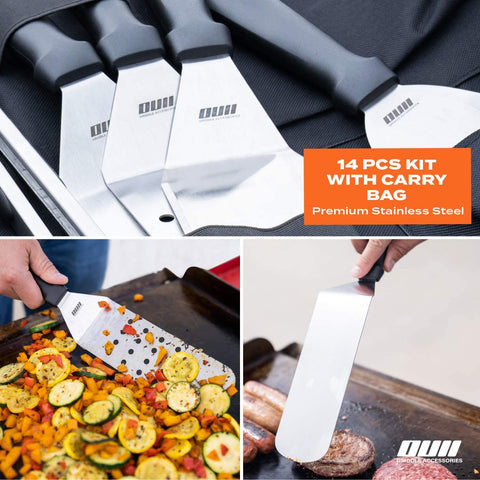 Image of OUII Flat Top Griddle Accessories Set for Blackstone and Camp Chef Griddle - 14 Pieces Set with Griddle Cleaning Kit & Carry Bag! Metal Spatula, Griddle Scraper, Egg Rings for Teppanyaki & Gas Grill