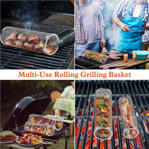 Image of Rolling Grilling Basket 2PCS- Stainless Steel BBQ Rolling Grill Basket for Superior Outdoor Grilling - Versatile, Non-Stick Grill Baskets Perfect for Seafood,Veggies,And Small Meats （11.8&9.84IN）