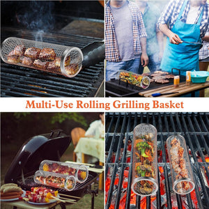 Rolling Grilling Basket 2PCS- Stainless Steel BBQ Rolling Grill Basket for Superior Outdoor Grilling - Versatile, Non-Stick Grill Baskets Perfect for Seafood,Veggies,And Small Meats （11.8&9.84IN）