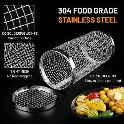 Image of Grill Basket, Rolling Grilling Baskets for Outdoor Grilling, Grill Baskets for Outdoor Grill, Vegetables Grill Baskets, round Stainless Steel BBQ Grill Basket Veggies Fish, Barbeque Grill Accessories (S: 20 X 9 X 9Cm)