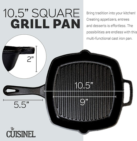 Image of Cast Iron Square Grill Pan + Glass Lid - 10.5" Pre-Seasoned Ridged Skillet + Handle Cover + Pan Scraper - Grill, Stovetop, Fire Safe - Indoor and Outdoor Use - for Grilling, Frying, Sauteing