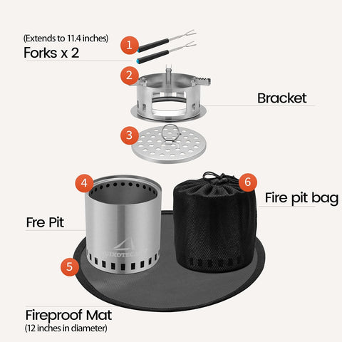 Image of QUIXOTECAMP Smokeless Fire Pit Full Stainless Steel with Top Bracket, Fire Mat, BBQ Forks, Fueled by Wood Pellets, Wood or Charcoal, Outdoor Camping, Warming,Picnics.7.1 * 9.5 in 2.78 Lbs. (Silver)