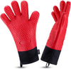 BBQ Gloves, Heat Resistant Silicone Grilling Gloves, Long Waterproof BBQ Kitchen Oven Mitts with Inner Cotton Layer for Barbecue, Cooking, Baking, Smoker(Red)