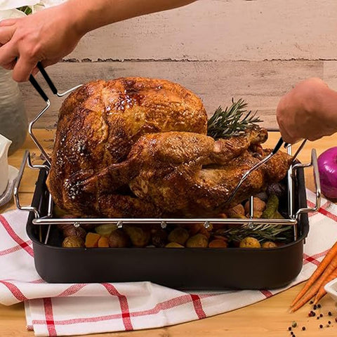 Image of Beer Can Chicken Holder Stainless Steel Roaster Rack with 2 Prongs Turkey Lifter Forks Set, Easy Transfer Large Meat N Turkey from Kitchen Oven or Grill Smoker