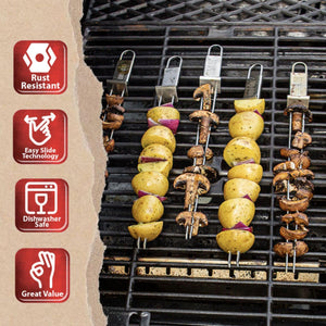 Premium Barbecue Metal Skewers for Kabobs with Quick Release - Double Pronged, Stainless Steel Metal Skewers for Grilling - Kebab Skewers, Shish Kabob Skewers, Kabob Sticks, Veggies & More