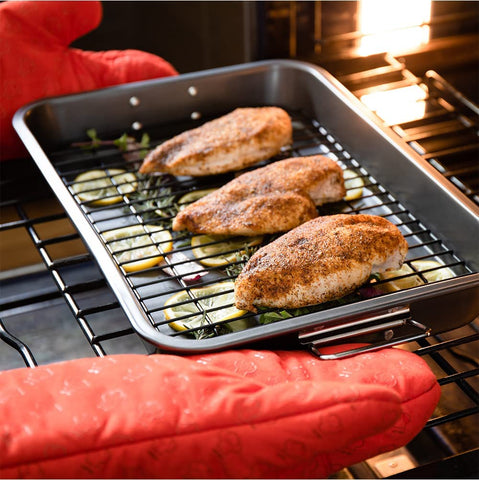 Image of Chef Pomodoro Nonstick Carbon Steel Large Roasting Pan with Rack,Turkey Roasting Pan, Roaster Pan for Oven, Turkey Roaster Pan, Roaster Bakeware Grey