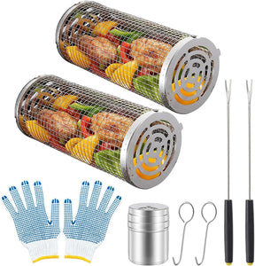 Grilling Basket 2 PCS,BBQ Grill Basket Stainless Steel Grill Mesh,Rolling Grilling Baskets for Outdoor Grilling Non-Stick Surface, Portable Grilling Basket for Fish and Vegetables (Small)