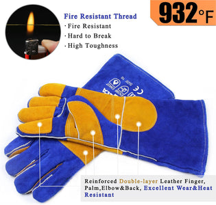 Welding Gloves Blue 16 Inches,932℉, Leather Forge/Mig/Stick Welding Gloves Heat/Fire Resistant, Mitts for Oven/Grill/Fireplace/Furnace/Stove/Pot Holder/Bbq/Animal Handling