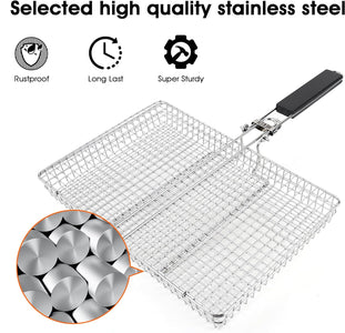 HEKEH Barbecue Basket Stainless Steel Large Folding Barbecue Basket Outdoor Camping Barbecue Basket Multifunctional Grill Net for Fish and Shrimp Meat Steak Vegetables with Handle Barbecue Accessories