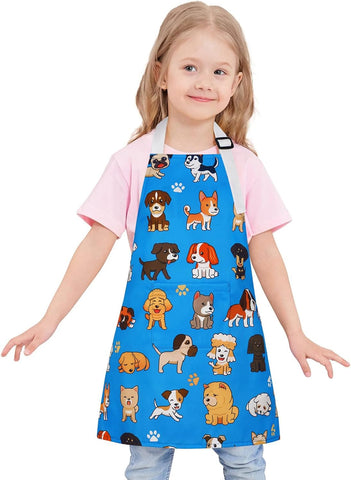 Image of Cute Pets Kids Apron, Cartoon Dog Puppy Kitchen Apron with Pockets, Adjustable Chef Aprons for Toddler Boys Girls, Waterproof Cooking Apron for Painting Baking Gardening, Gifts, 19.7" X 23.6"